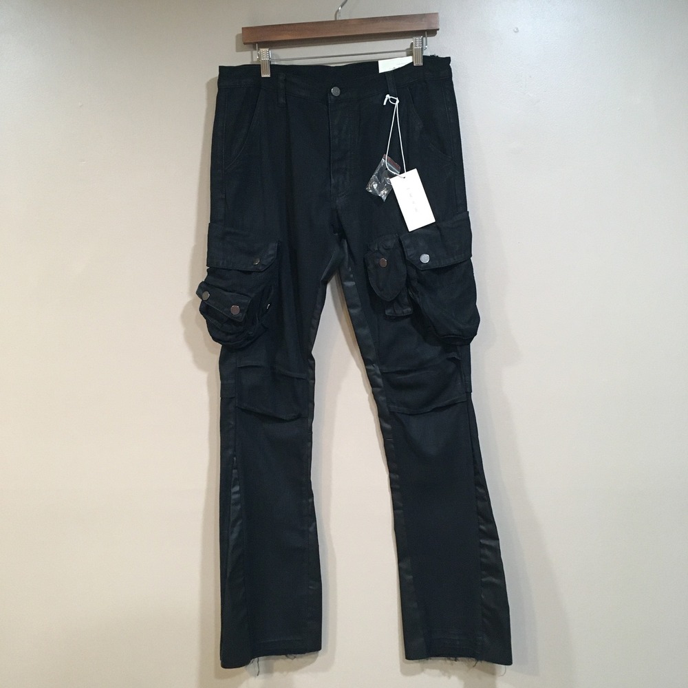 MNML Waxed Stacked Cargo Flare Denim Jeans Mens 32 Black Streetwear Goth Raw Hem
